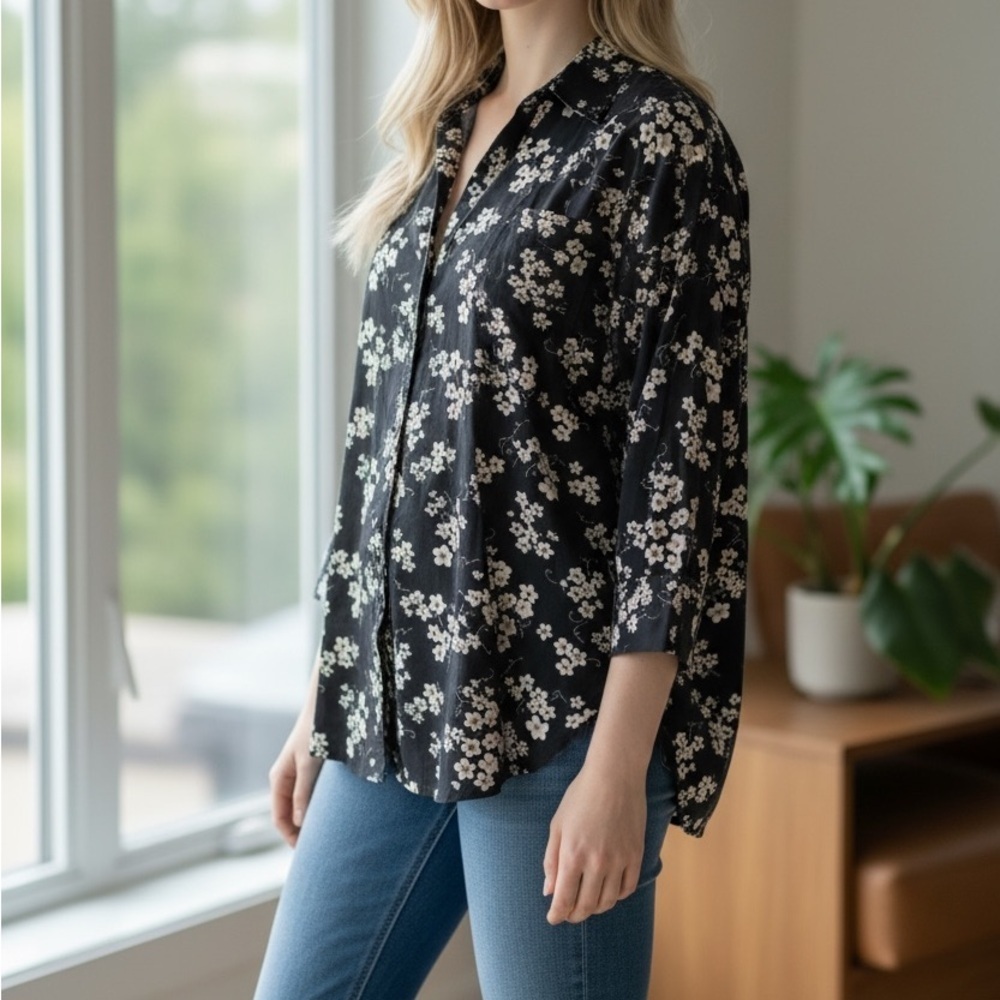 Liz Claiborne Black & White Floral Button-Up Shirt Size XL